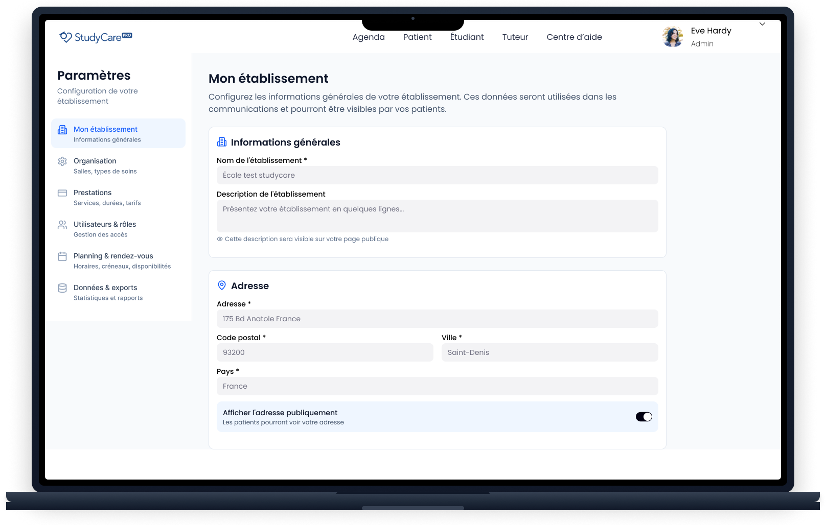 Aperçu du tableau de bord StudyCare PRO